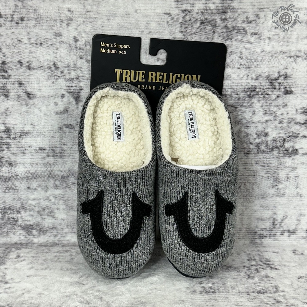 NWT True Religion Men's Slippers Medium 9-10 Gray Sherpa‎ Lined Logo